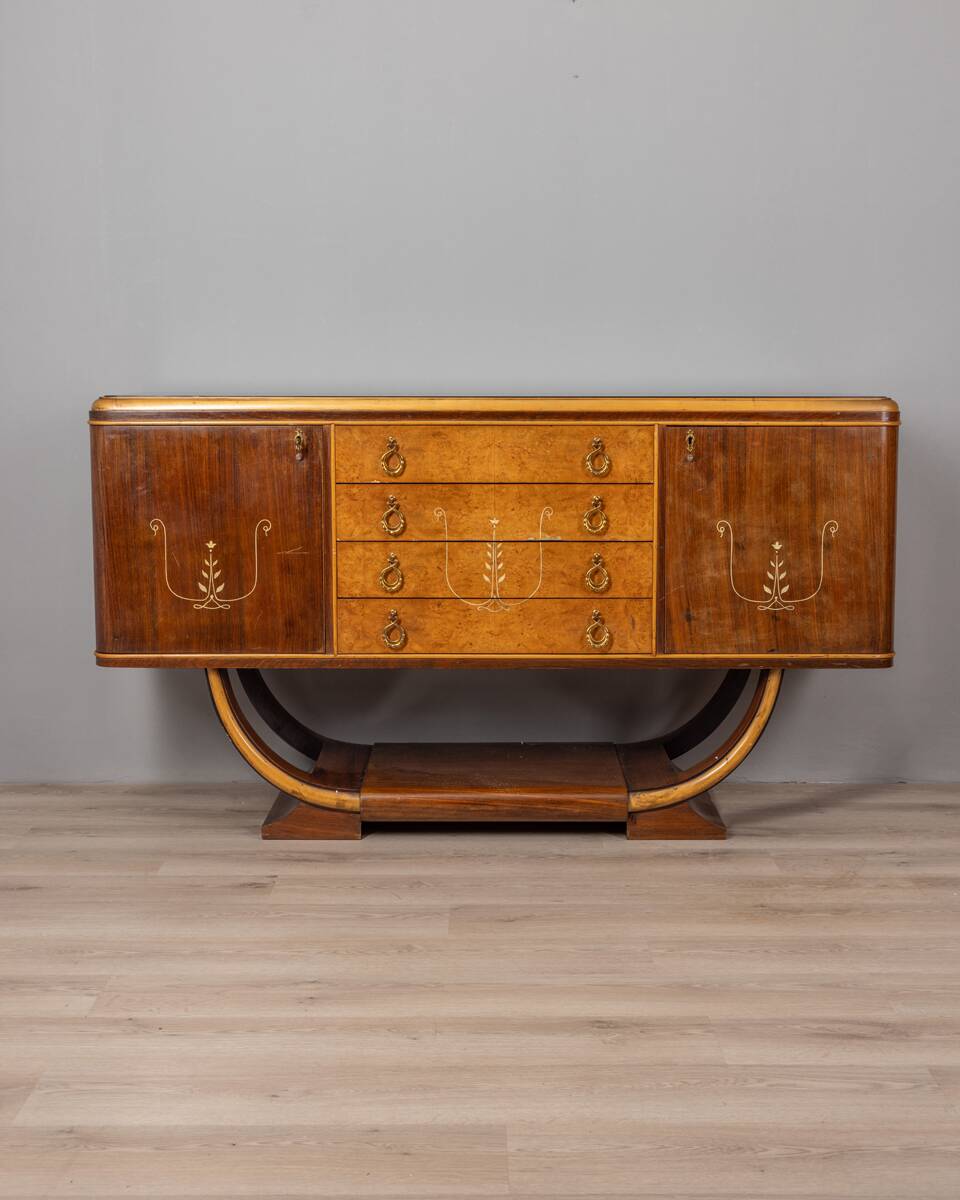 SIDEBOARD VINTAGE 30'S SIDEBOARD IN WOOD AND GLASS ITALIAN ART DECO DESIGN