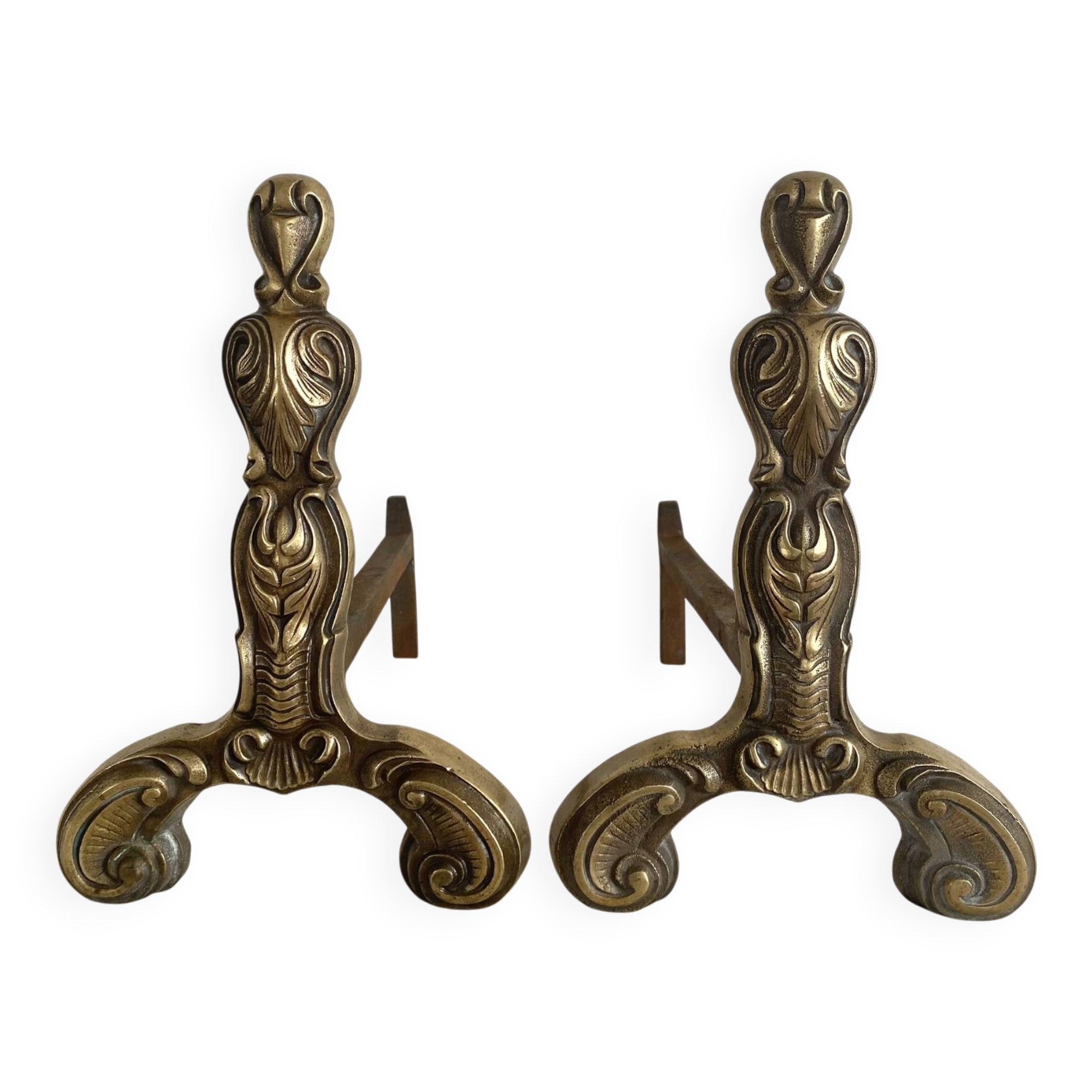 Pair of brass and cast iron fire dogs