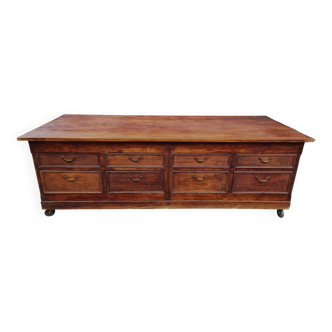 Large antique French kitchen island – Workshop furniture with 16 drawers, shop counter 1900–1930