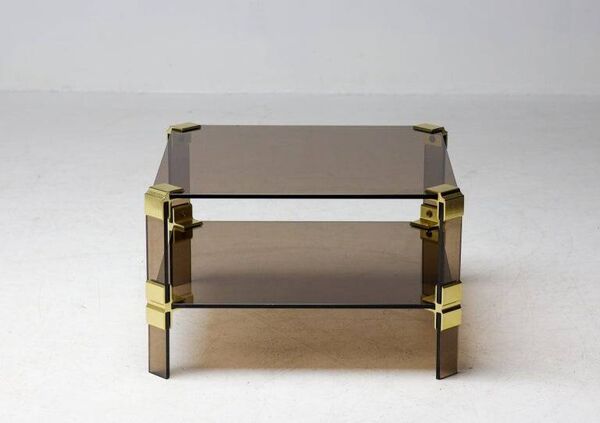 Table basse Hollywood Regency en verre fumé – Construction modulaire en laiton