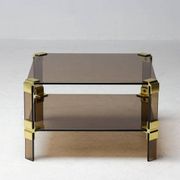 Table basse Hollywood Regency en verre fumé – Construction modulaire en laiton