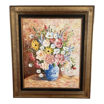 Oil on canvas, still life with bouquet of flowers
