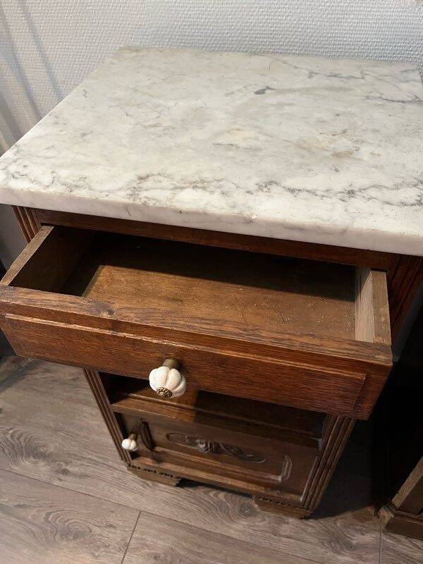 Set of 2 vintage wooden bedside tables with marble.