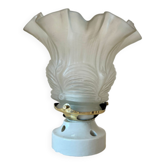 Art deco porcelain and opaline tulip wall light or lamp with pleated glass and brass claw