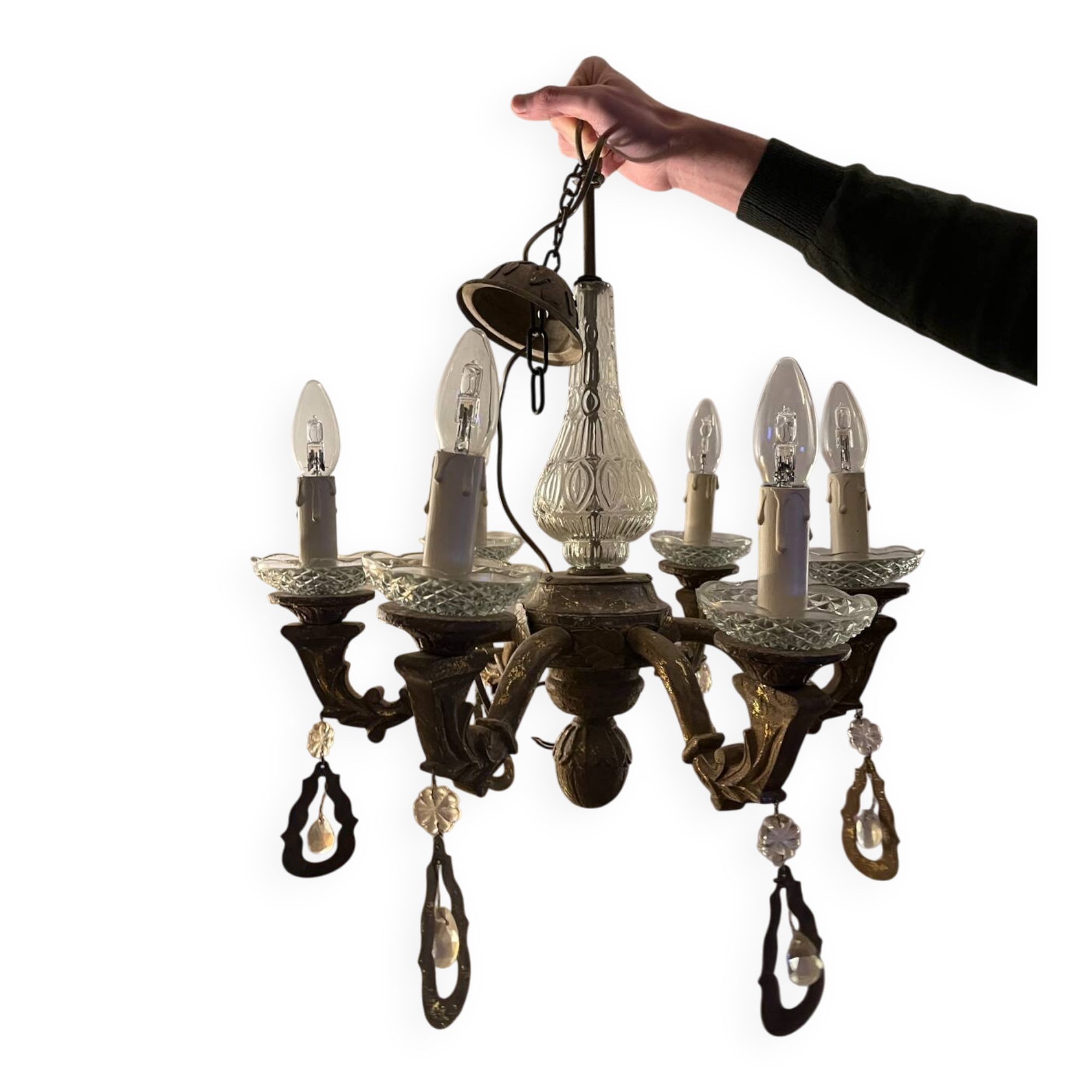 Lustre with patina, pendants and candle holders