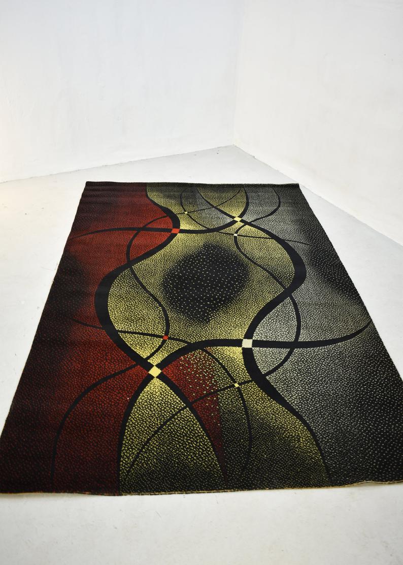 Vintage area rug, mid century, 1960s, abstract psychedelic design, wool rug, low pile rug