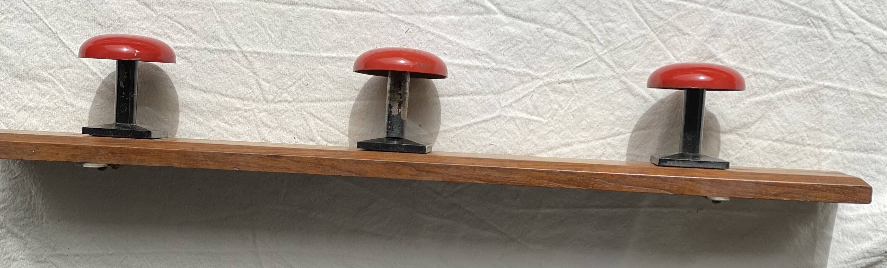 Wall-mounted coat rack with 3 hooks, vintage 1960s red lacquered metal.