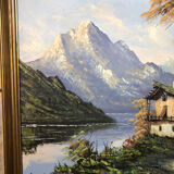 Tableau huile sur toile l. guerny vue rivière en montagne avec cadre doré