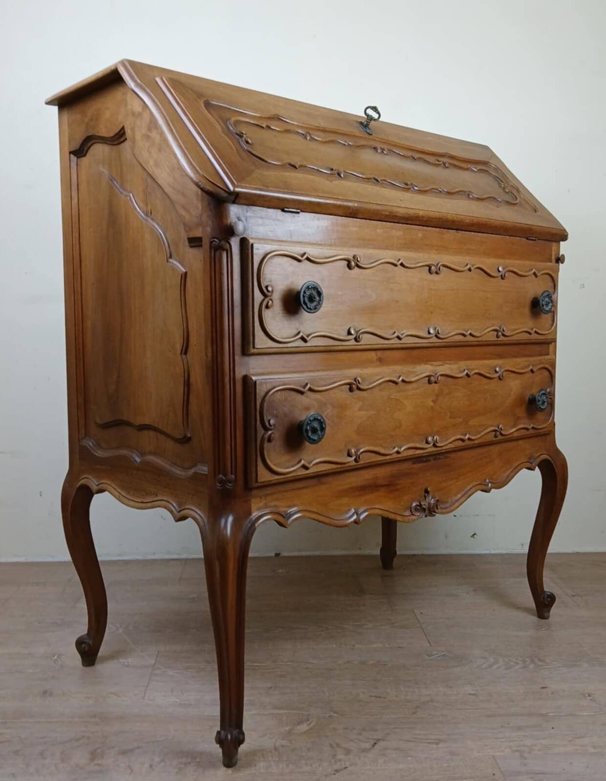 Louis XV Baroque scriban chest of drawers in solid wood, 20th century