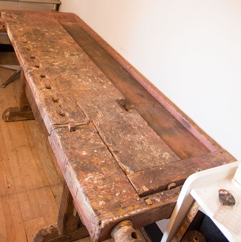 Old solid industrial wooden workbench 2 meters wide