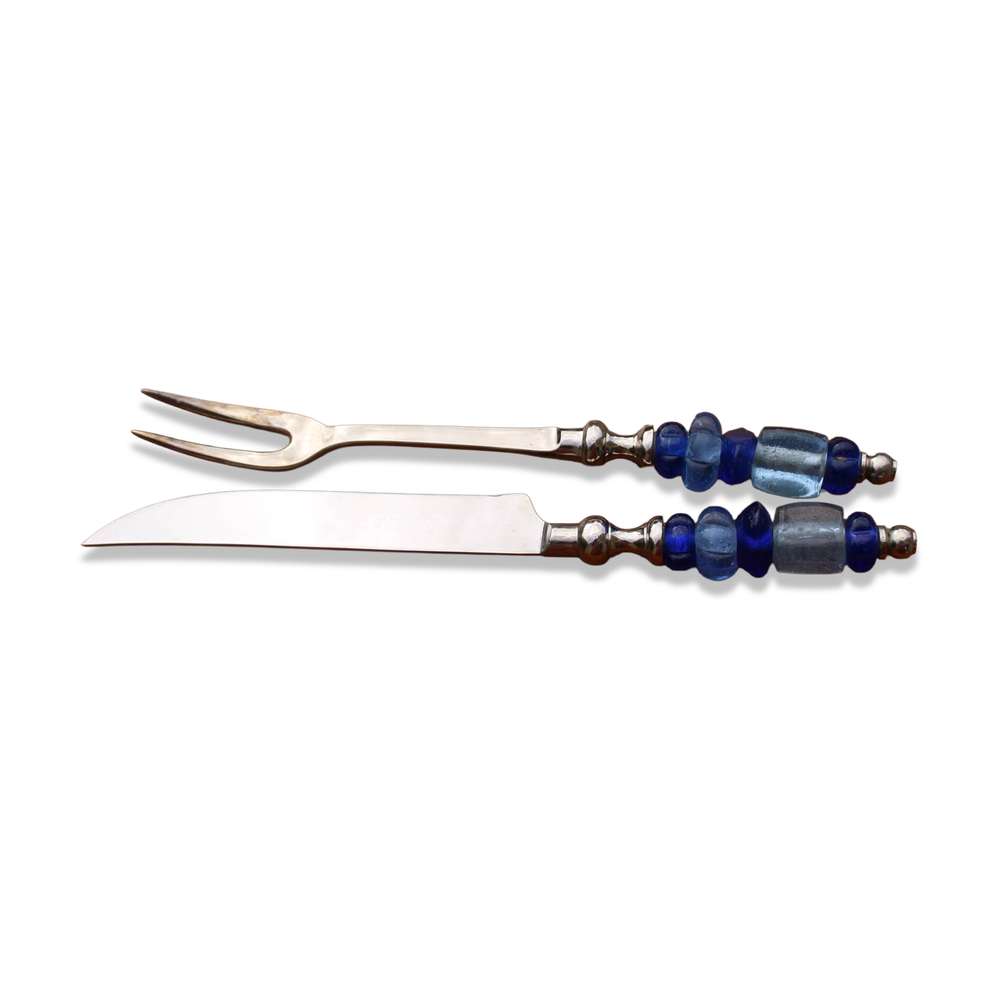 Vintage carving set knife and fork – handles made of blue glass beads
