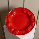 Red glazed ceramic fruit platter with three-dimensional fruit relief, vintage Italy 1980s, Mid-Century design