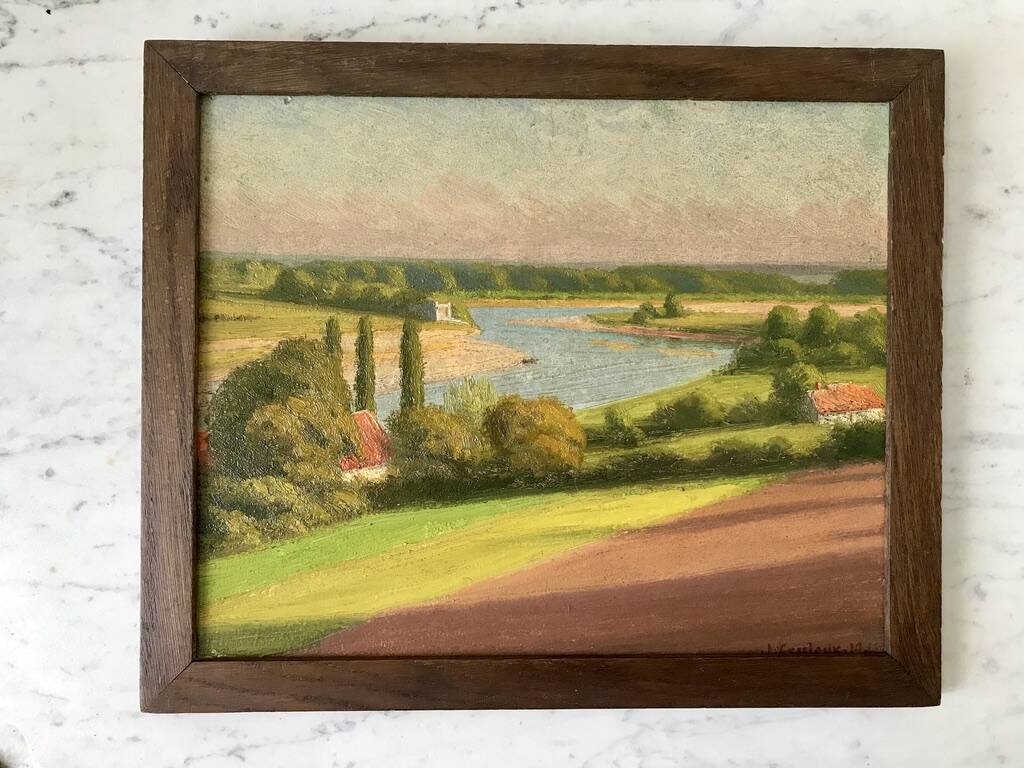 Oil painting on cardboard landscape river signed 1941