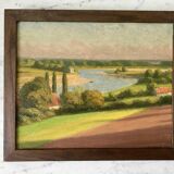 Oil painting on cardboard landscape river signed 1941