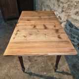 Vintage French pine table with extendable side, circa 1930, suitable for kitchen or office use.