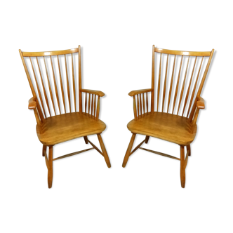 Set of 2 Scandinavian beech wooden arm chairs 1960’s