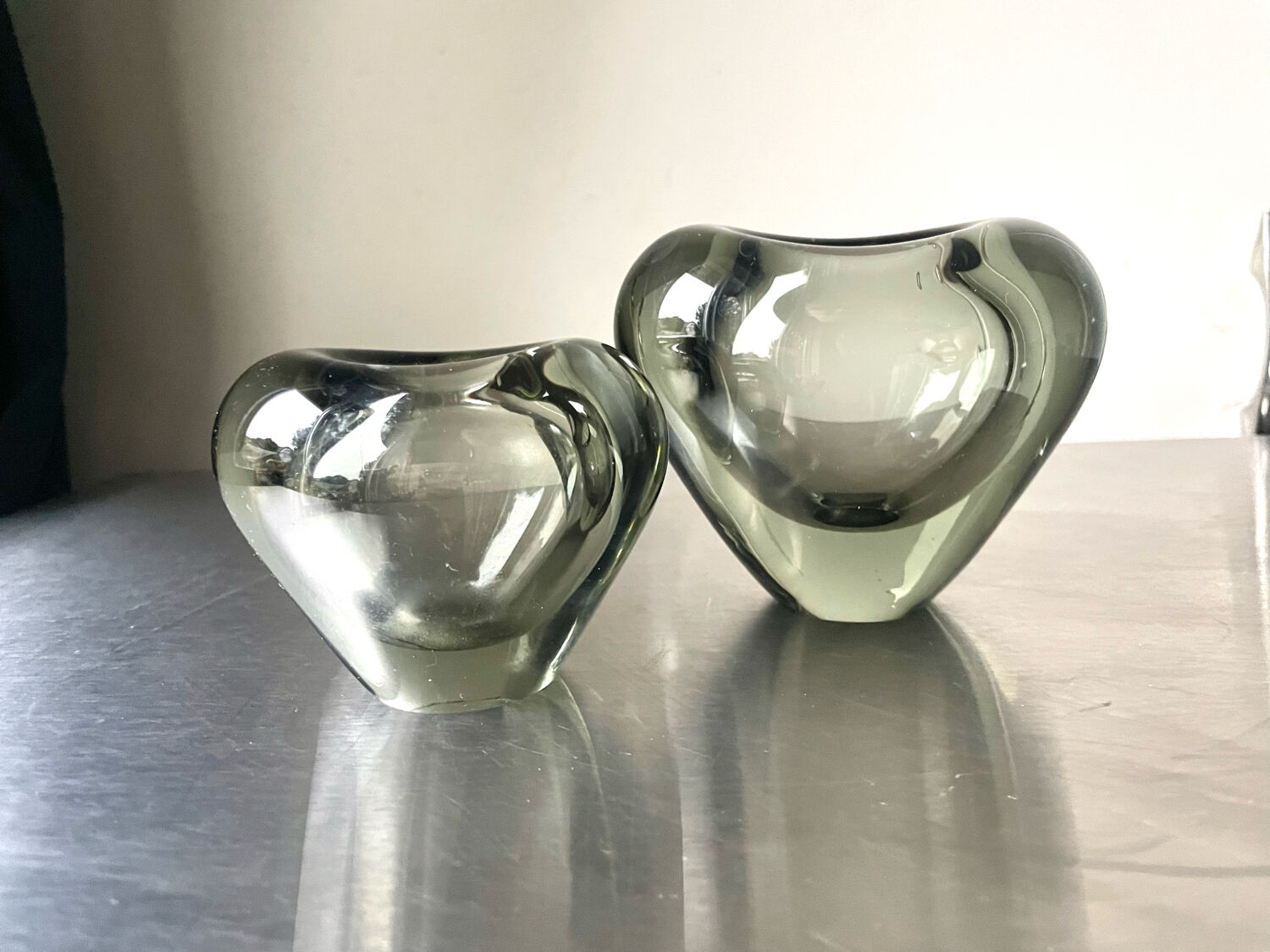 Set of 2 heart shaped Holmegaard crystal vases by Per Lutken
