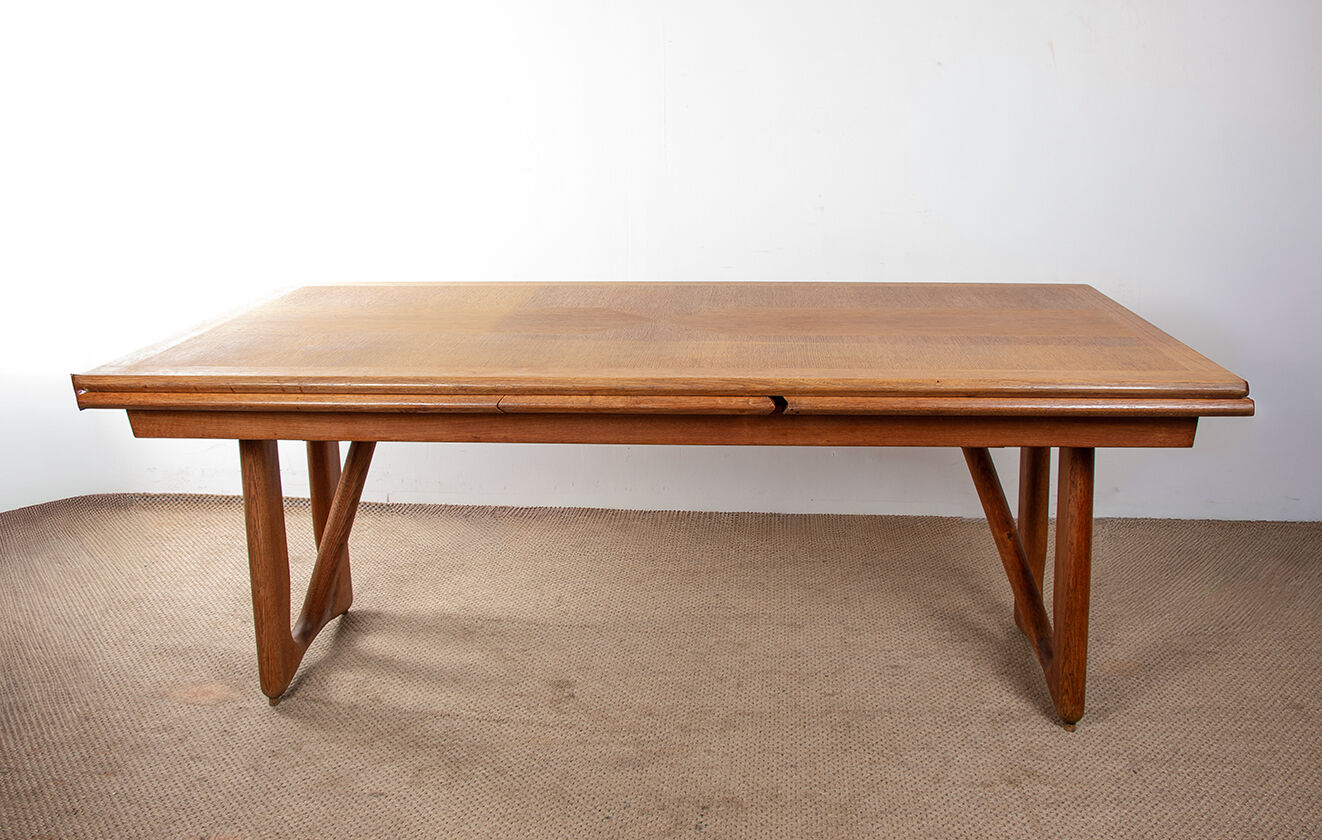 Large extendable dining table, 320 cm, in oak, Guillerme and Chambron.