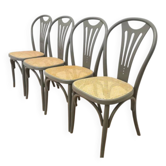 Set of 4 Vintage Gray Thonet Style Dining Chairs with Cane Seat