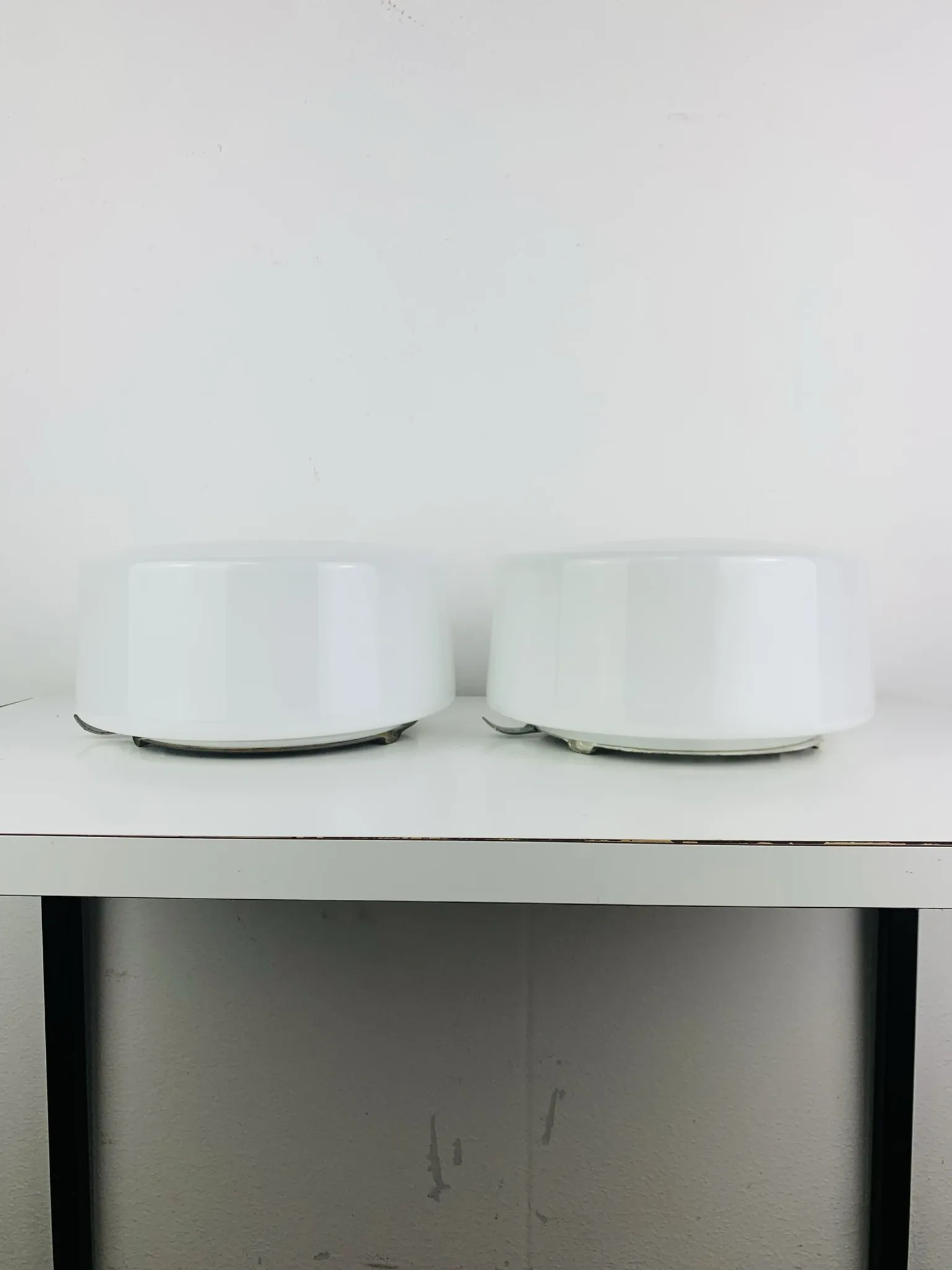 Pair of round opaline wall lights from the 50s/60s, ceiling lights.