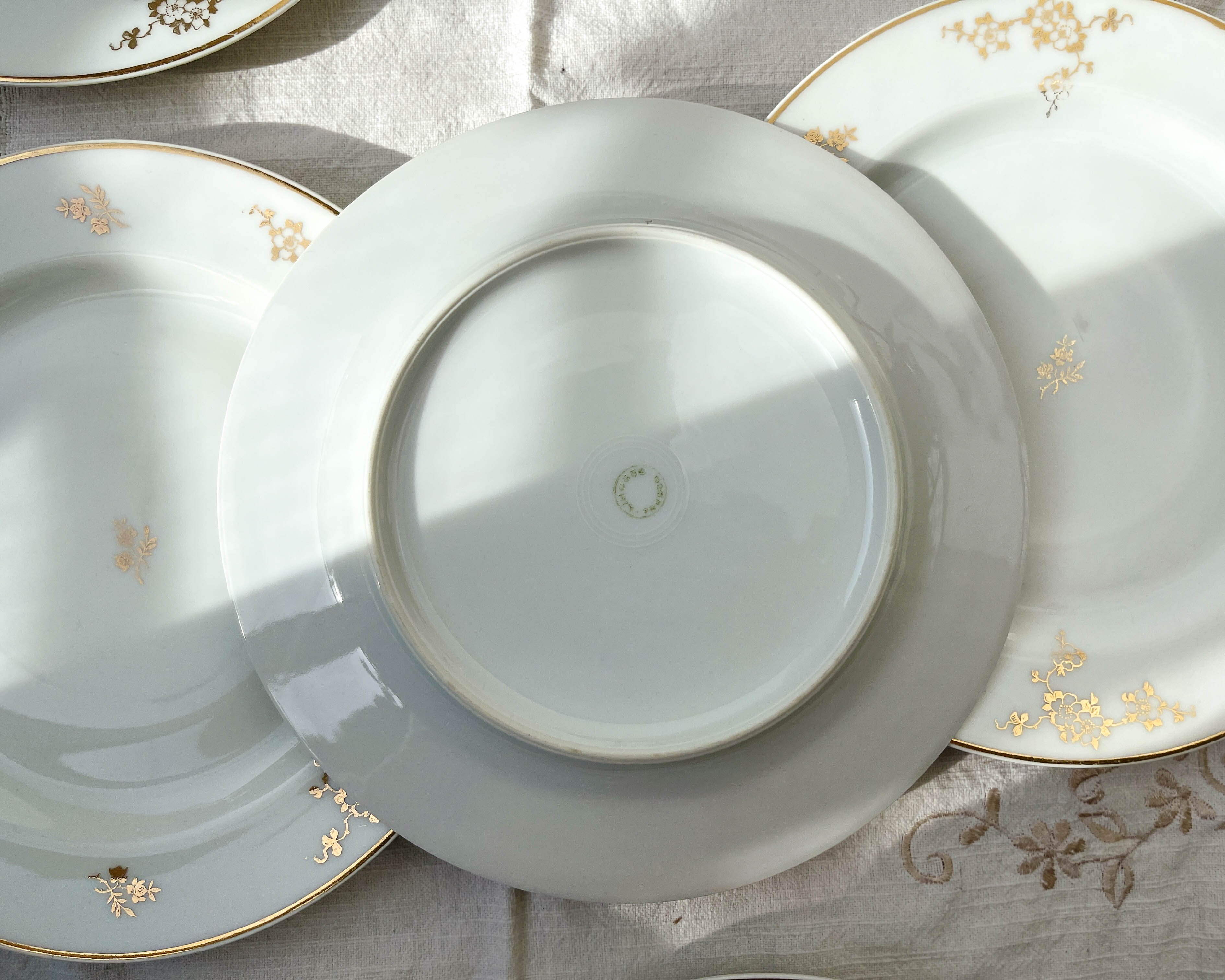 6 flat plates porcelain Limoges golden white
