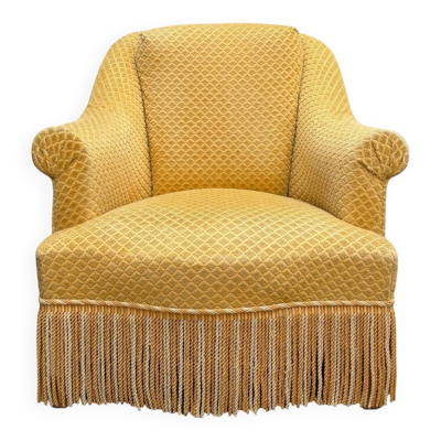 Fauteuil crapaud vintage jaune moutarde velours floqué