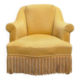 Fauteuil crapaud vintage jaune moutarde velours floqué