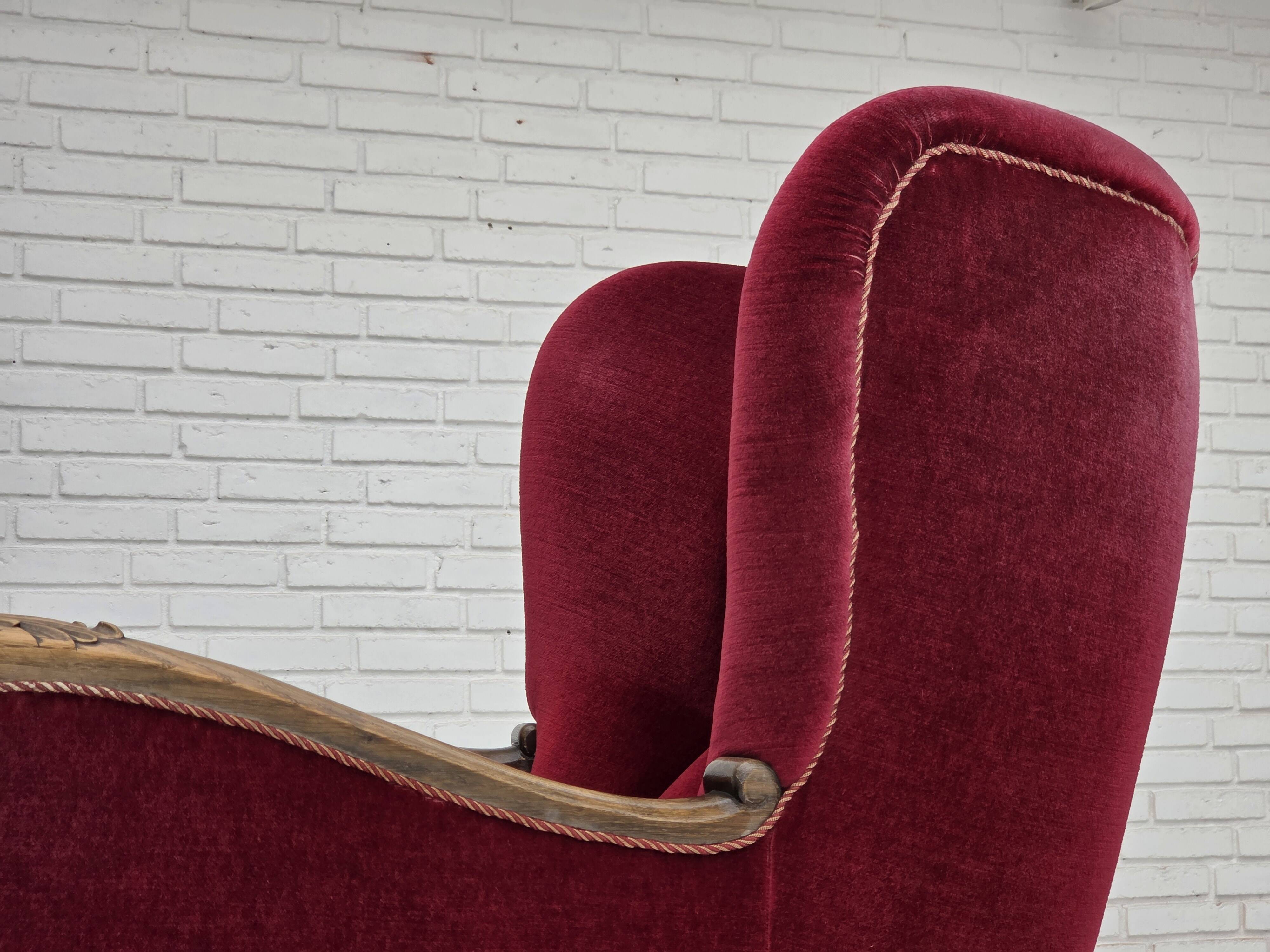 1960s, Danish relax chair, cherry-red furniture velour, oak wood.