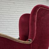 1960s, Danish relax chair, cherry-red furniture velour, oak wood.