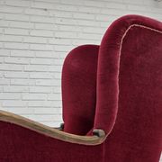 1960s, Danish relax chair, cherry-red furniture velour, oak wood.