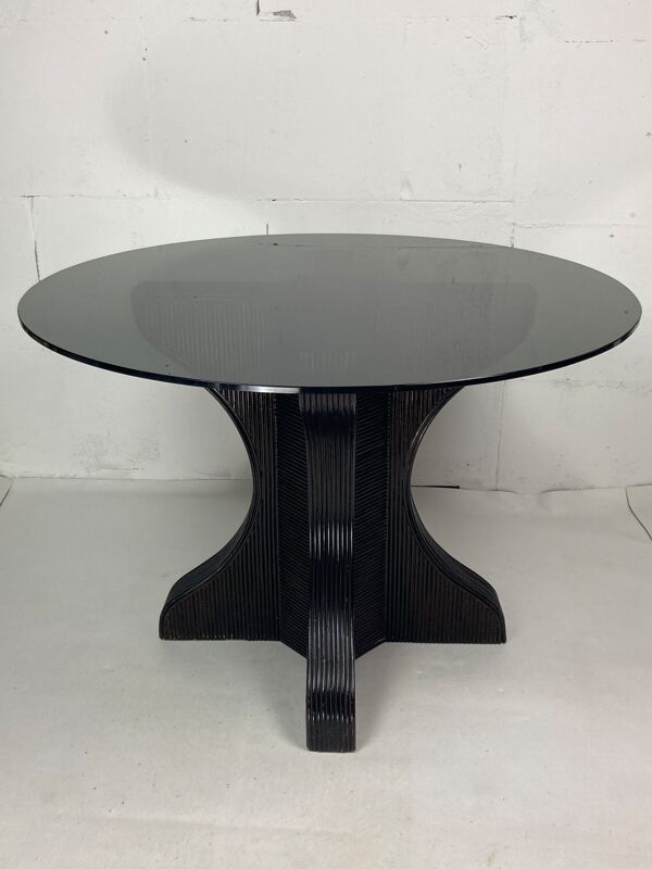 Crayon roseau rotin bambou salle à manger ou base de table d’appoint avec plateau en verre fumé, années 1970