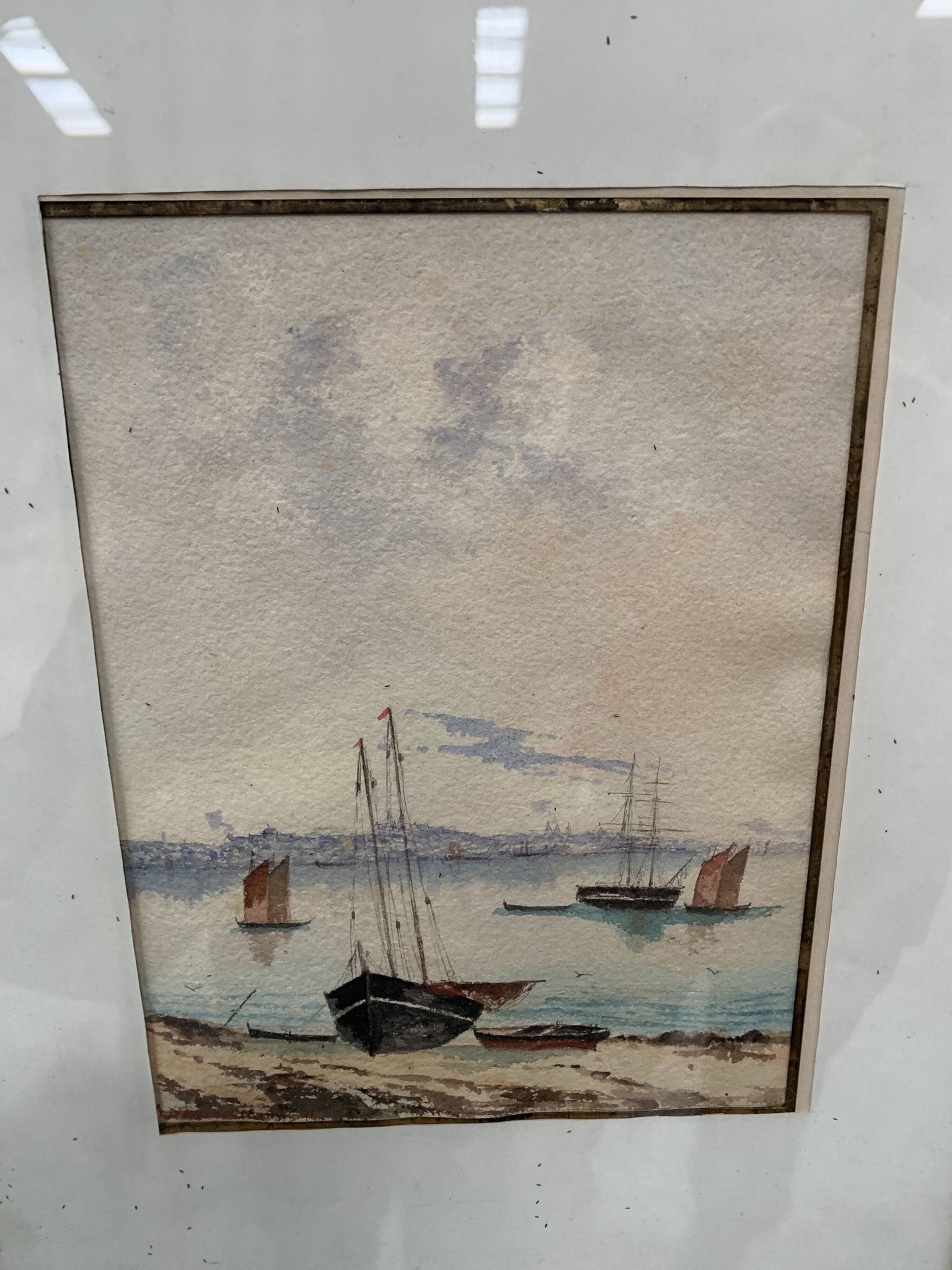 Marine watercolor "Sailboat at sea and stranded on the beach" 20th century