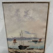 Marine watercolor "Sailboat at sea and stranded on the beach" 20th century