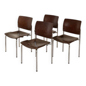 Ensemble de 4 chaises empilables en contreplaqué et chrome Kusch + Co vintage, Allemagne, années 1970.