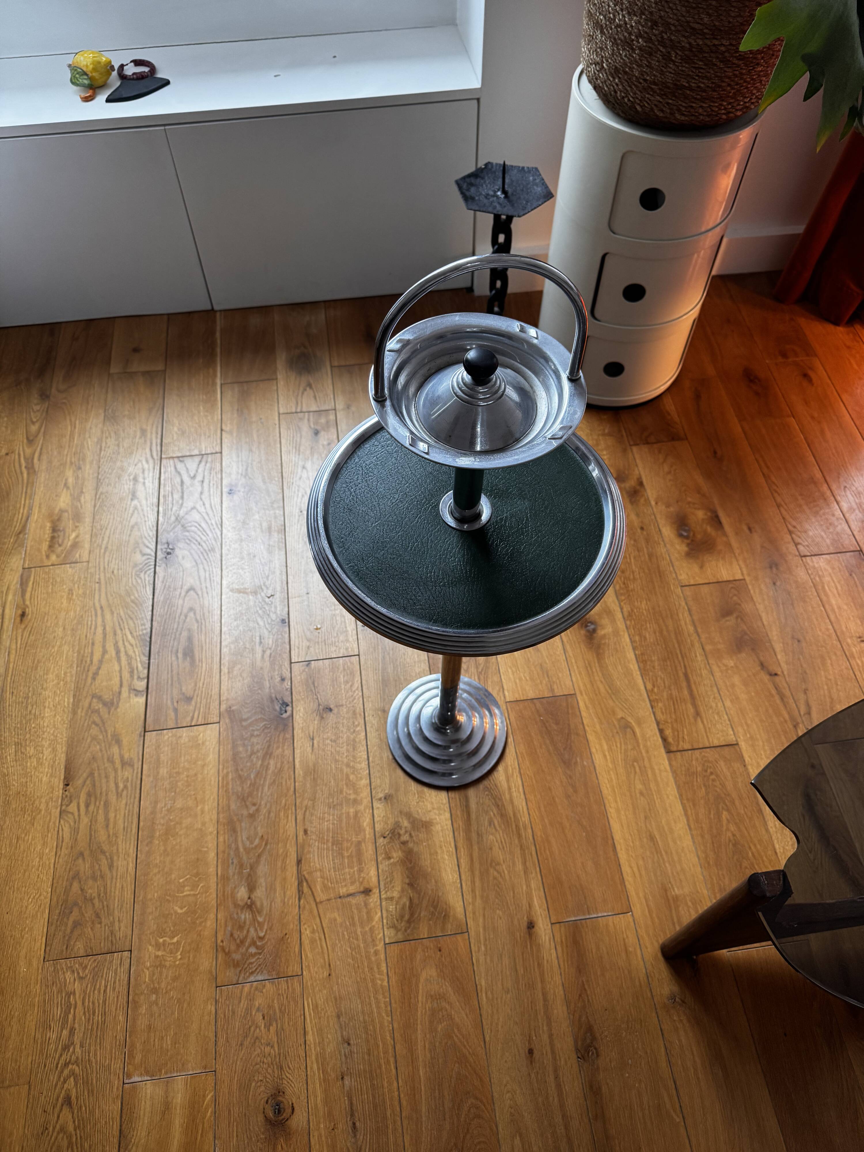 Modernist metal and leather standing ashtray