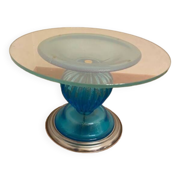 Table basse italienne des années 1980 en verre de Murano bleu et argent de style vénitien