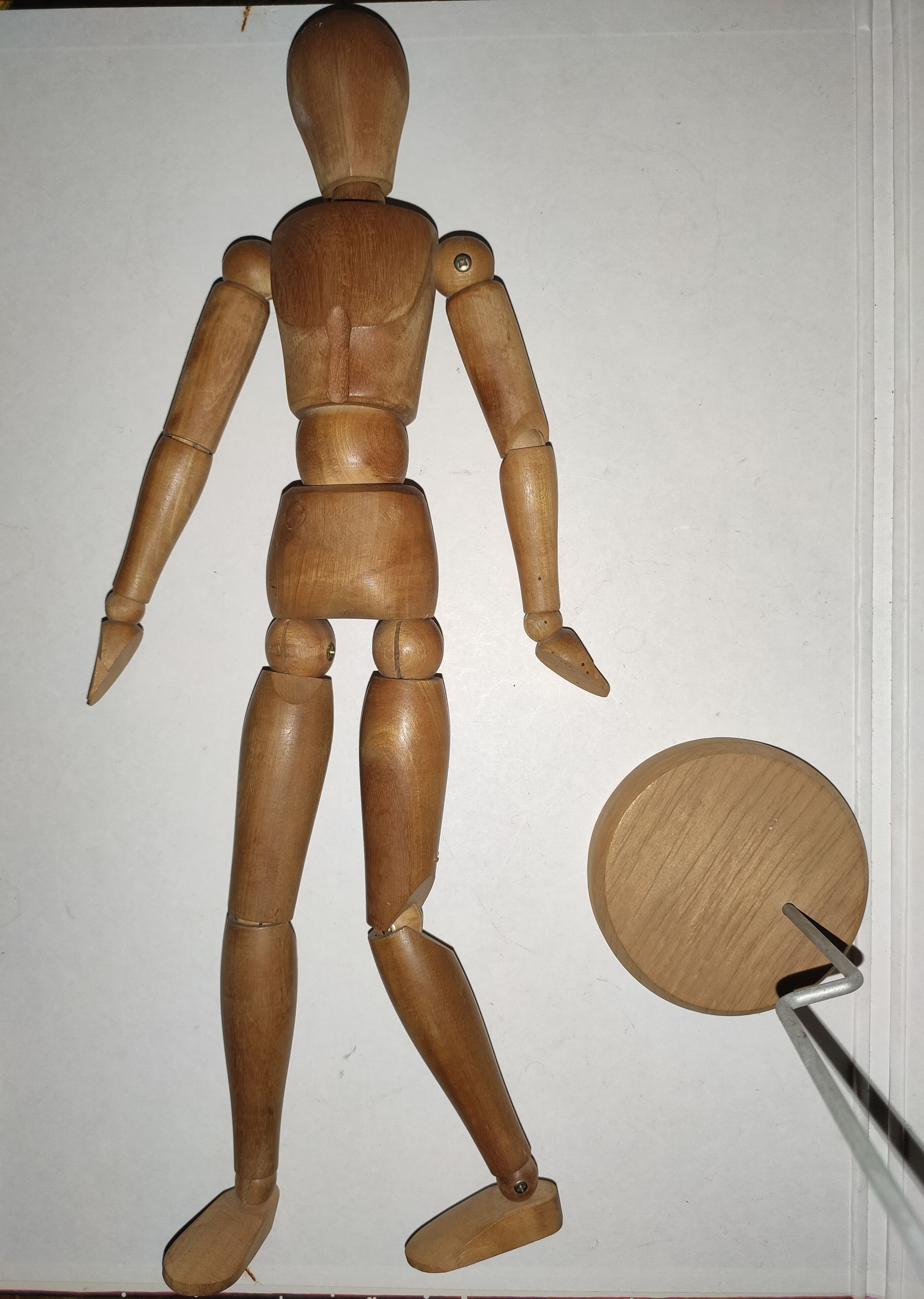 Articulated waxed wood puppet and 80's support
