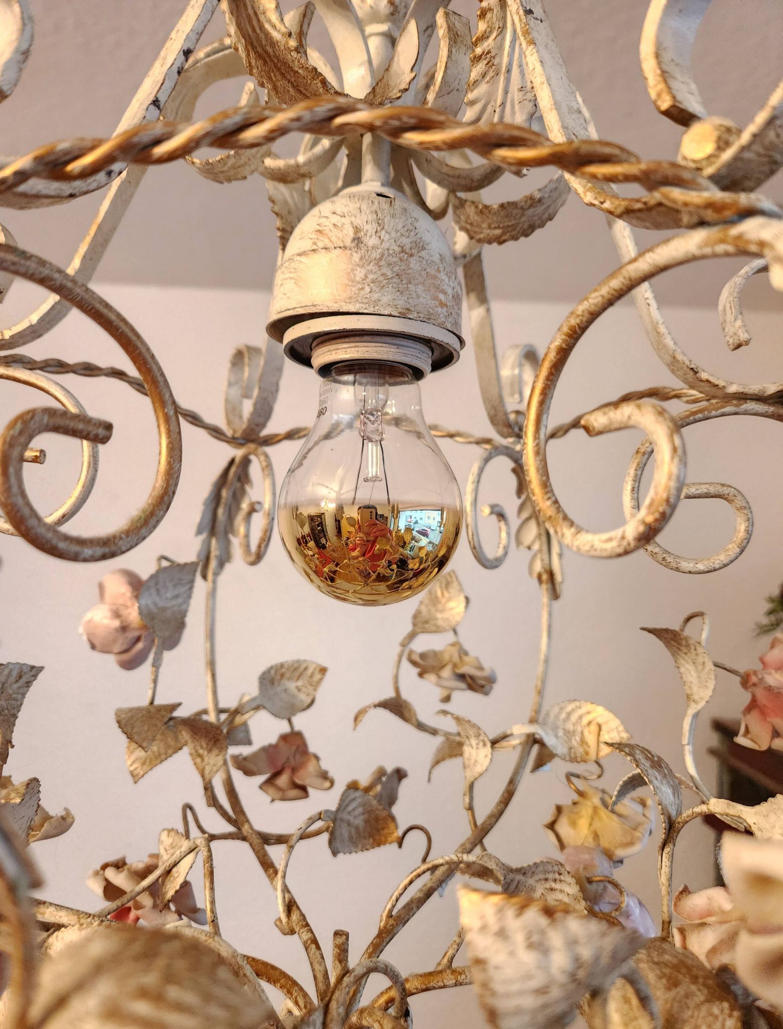 Hand-forged vintage pendant lamp with porcelain roses, Denz Neheim Hüsten
