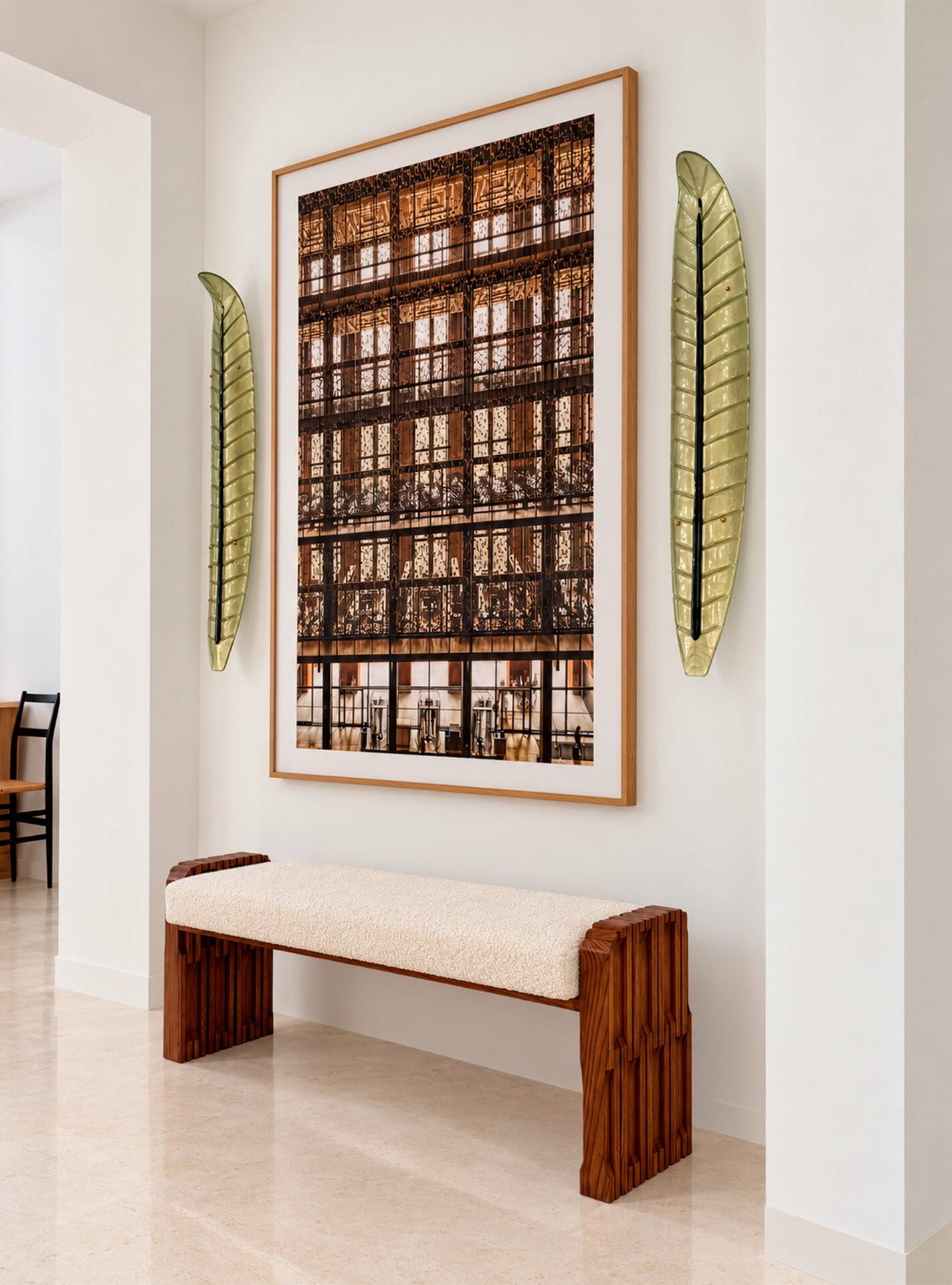 Brutalist Style Sculptural Oak Supports and Ivory Bouclé Upholstery Bench,