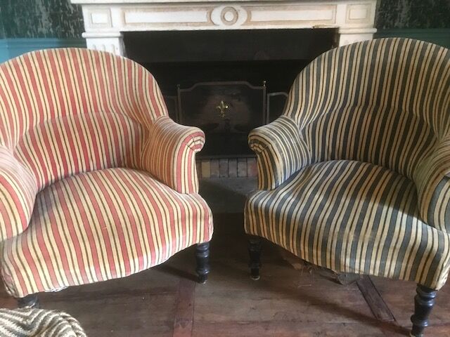 Pair of Original tapestry velvet stripe armchairs.