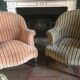 Pair of Original tapestry velvet stripe armchairs.