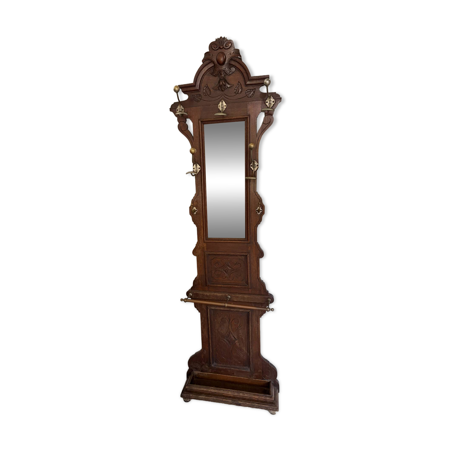 Antique oak carved coat stand, mirror and umbrella stand — late 19th century