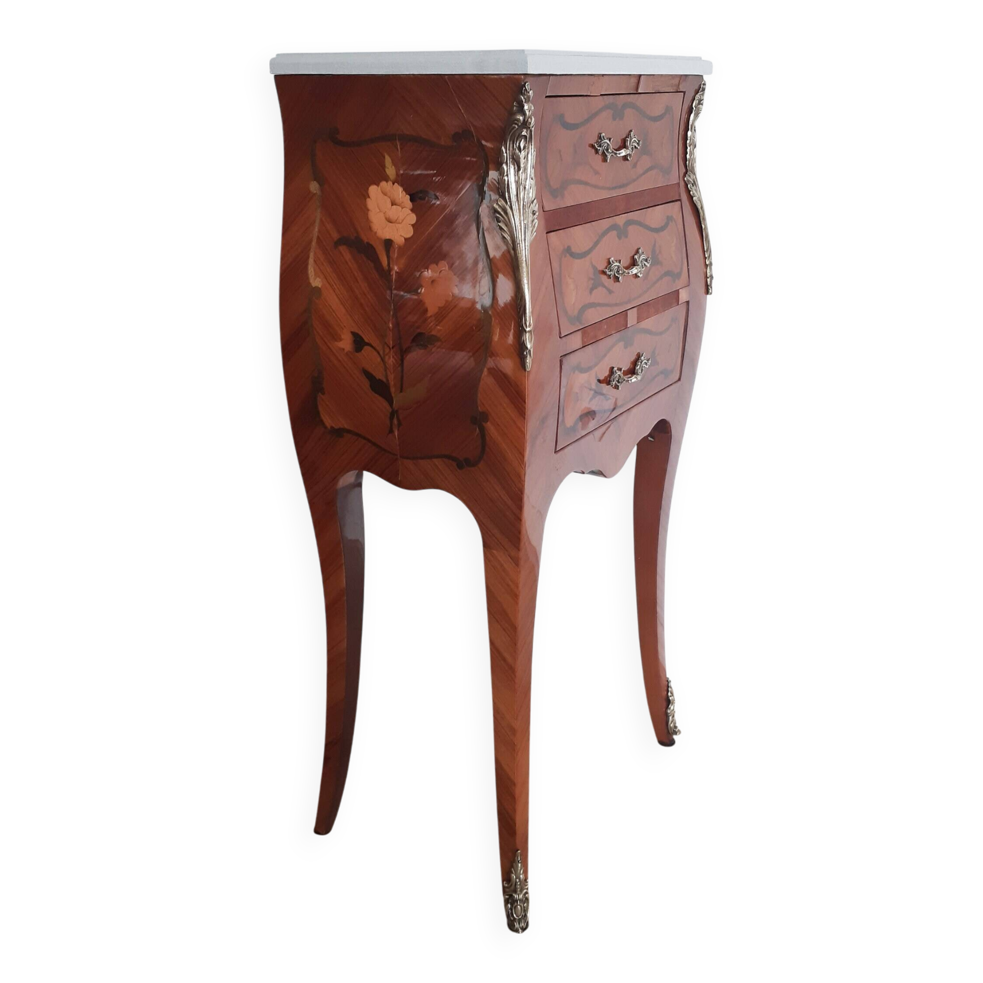 Antique bedside table in rosewood marquetry, Louis XV style