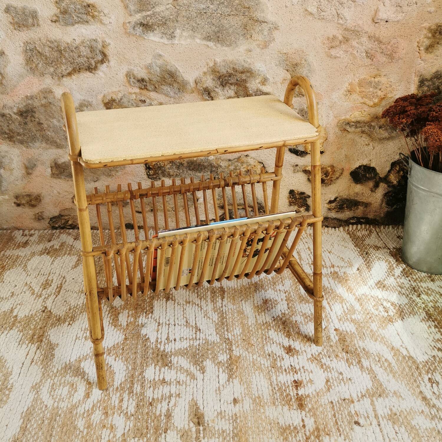 Rattan magazine rack, vintage side table