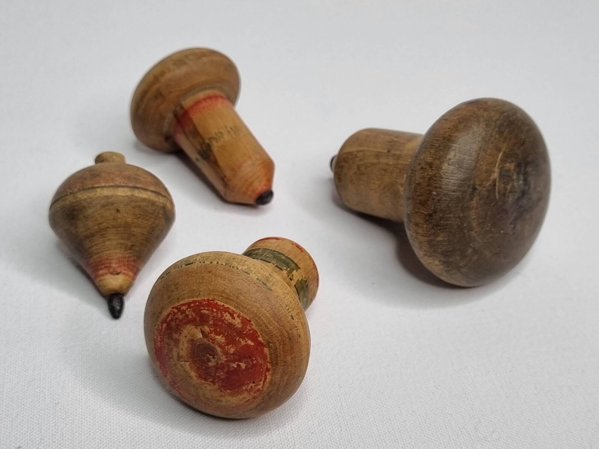 Set of 4 Antique Wooden Spinning Tops – Hand Painted Vintage Toys