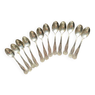 12 vintage Rocaille model soup spoons, metal, hallmark.