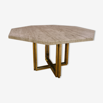 Gold and chrome brass table with travertine tray