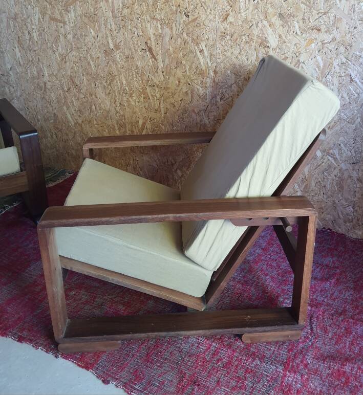 Pair of modernist Rio rosewood rack-and-pinion armchairs