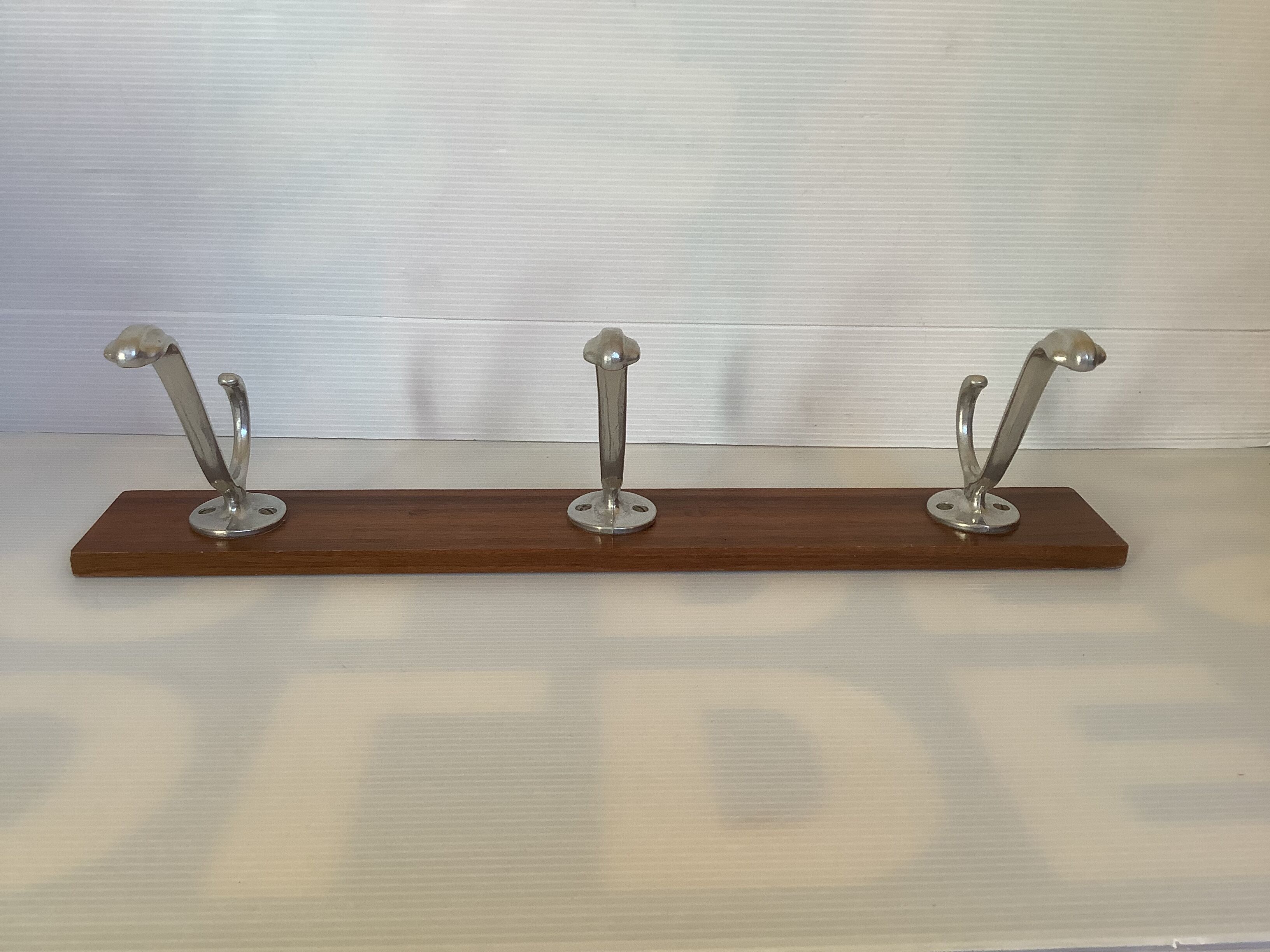 Old coat rack wood aluminum 3 hooks