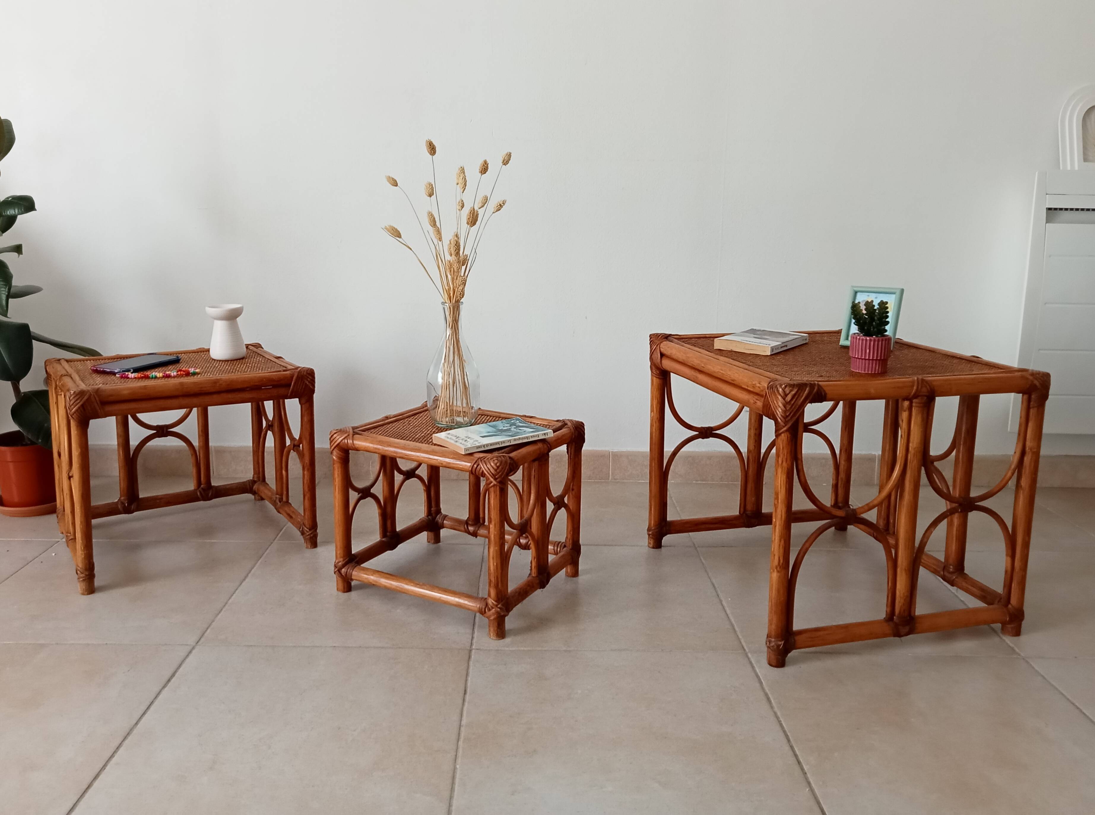 Set of 3 vintage nesting tables in bamboo and woven rattan